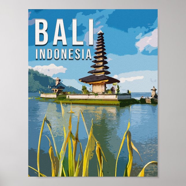 Poster Ulun Danu Beratan Temple Indonésie Aquarelle (Devant)