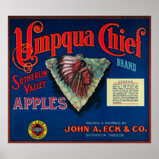 Poster Umpqua Chief Apple Crate LabelSutherlin, OU (Devant)