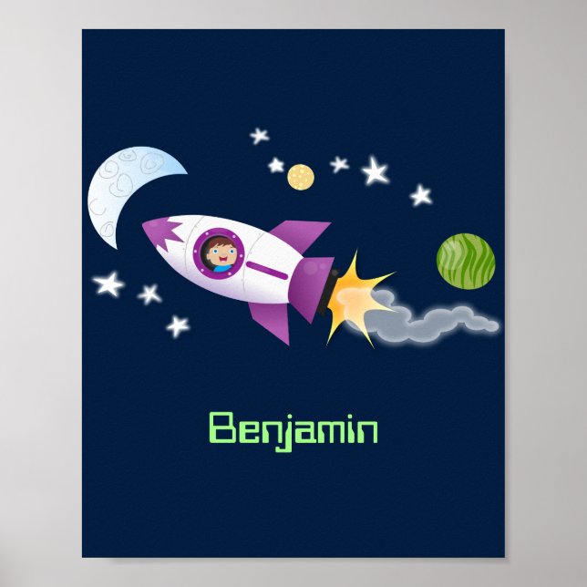 Poster Un adorable vaisseau-fusée dans l'espace dessin an (Devant)