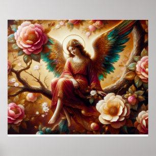 Poster Un ange assis sur une branche d'arbre avec des ail
