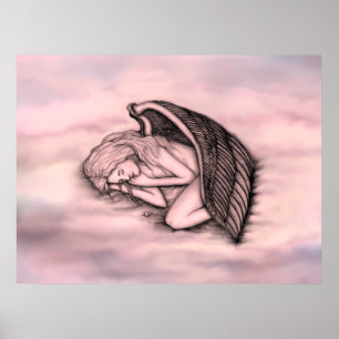Poster Un ange endormi sur les nuages du ciel en rose
