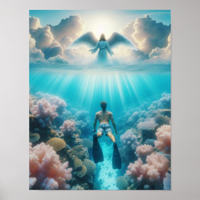 Poster Un ange surprend un plongeur dans un récif océaniq (Devant)