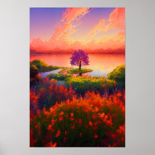Poster Un arbre paisible au bord des eaux calmes