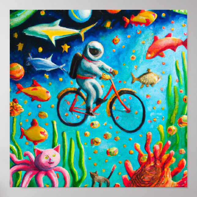 Poster Un astronaute à vélo dans la mer colorée (Devant)