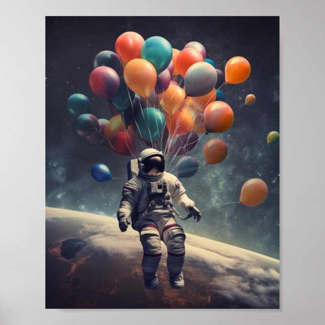 Poster Un astronaute flottant dans l'air avec des ballons (Devant)