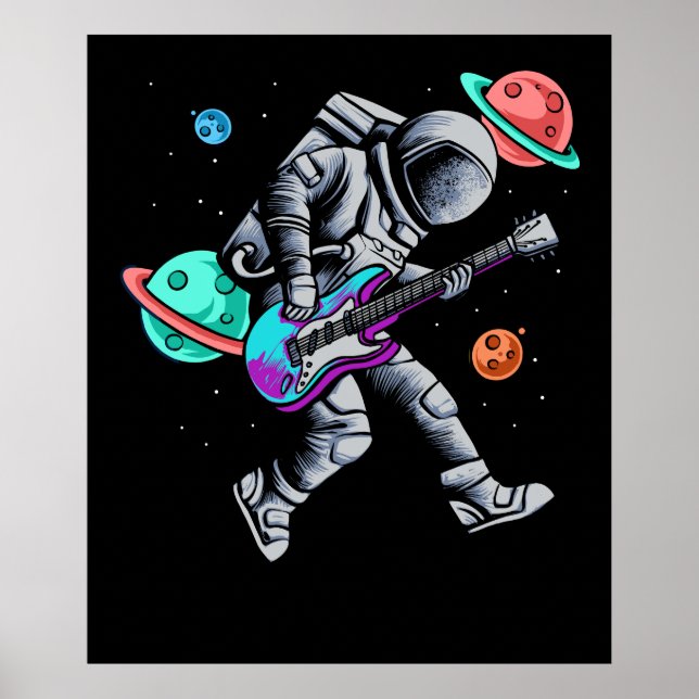 Poster Un astronaute joue de la guitare Planètes spatiale (Devant)