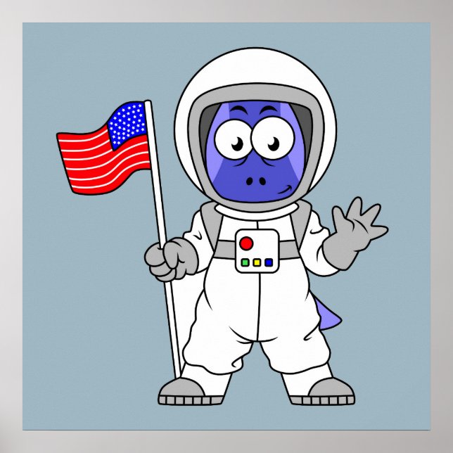 Poster Un astronaute parasaurolophus tient le drapeau amé (Devant)