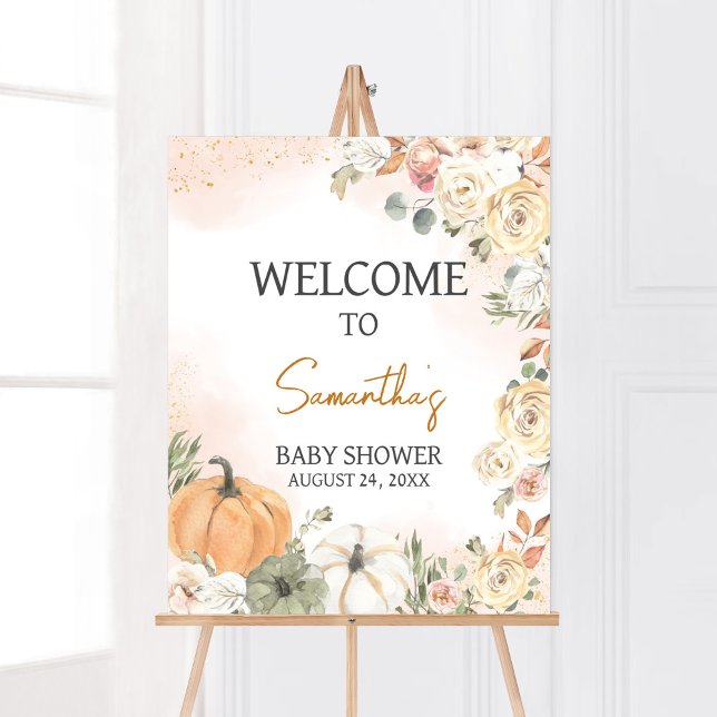 Poster Un Baby shower Automne Un Peu Citrouille (Fall Floral Pumpkin Baby Shower Welcome Sign)