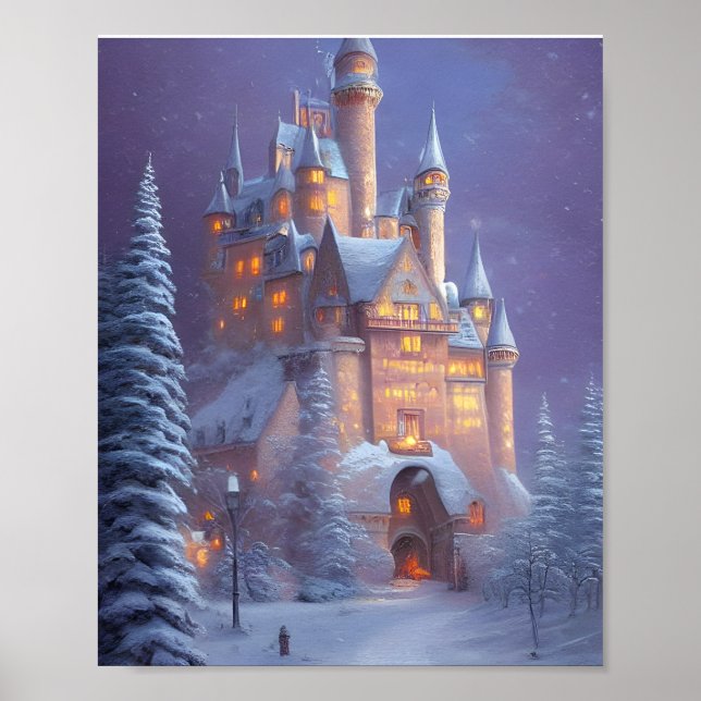 Poster Un beau château illuminé dans la neige (Devant)