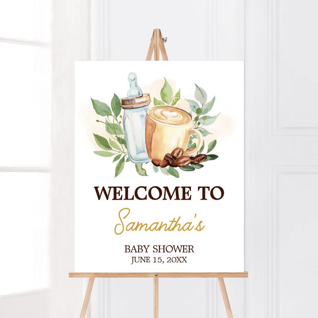 Poster Un bébé brasse du café Baby Shower Bienvenue (Bottle and Coffee Baby Shower Welcome Sign)