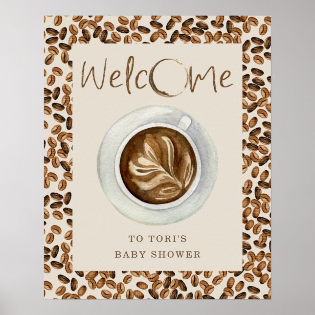 Poster Un Bébé Brûle Du Café Baby shower Fèves Bienvenue (Devant)