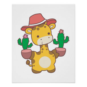 Poster Un bébé girafe plante le cactus.