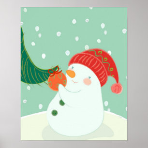 Poster Un bonhomme de neige accrochant un ornement sur un