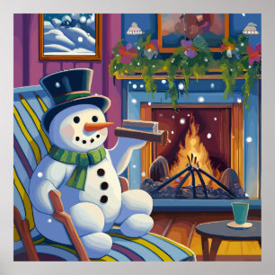 Poster Un bonhomme de neige s'assoit sur une chaise près 