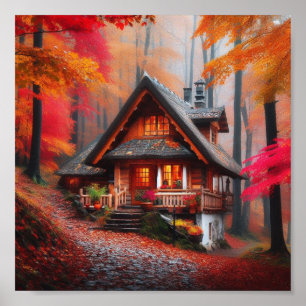Poster Un cabine douillet avec de belles feuilles d'autom