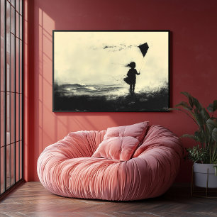 Poster Un cerf-volant de fille sur la rive à Dusk - Charb