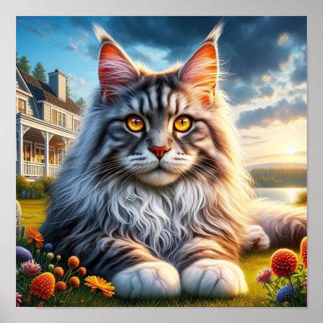 Poster Un chat au Maine Coon posé dans une campagne paisi (Devant)