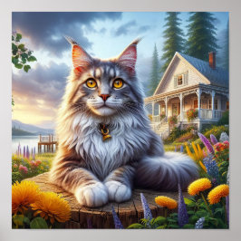 Poster Un chat au Maine Coon posé dans une campagne paisi