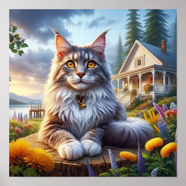 Poster Un chat au Maine Coon posé dans une campagne paisi (Devant)