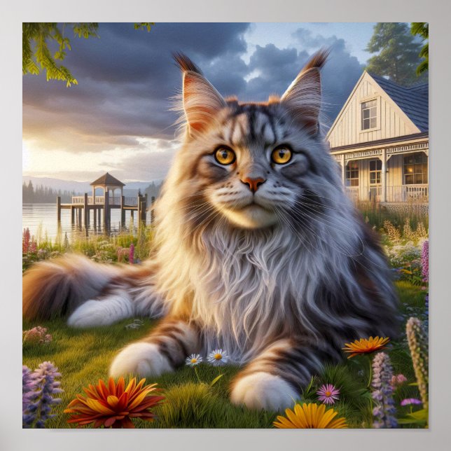 Poster Un chat au Maine Coon posé dans une campagne paisi (Devant)