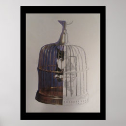Poster Un chat dans une cage d'oiseaux