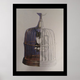 Poster Un chat dans une cage d'oiseaux