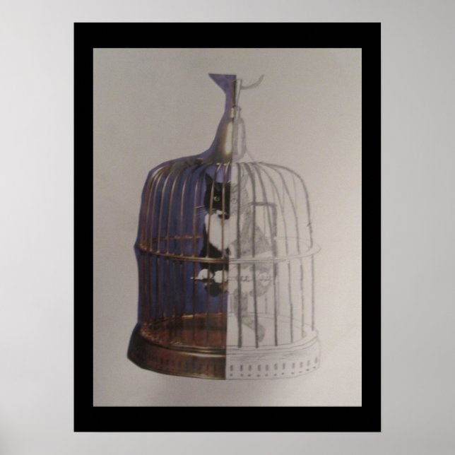 Poster Un chat dans une cage d'oiseaux (Devant)