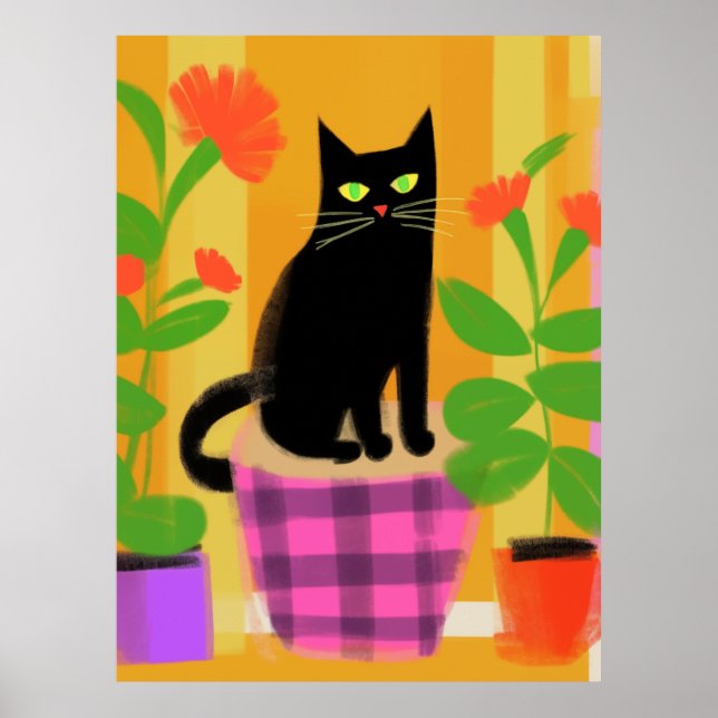 Poster Un Chat Noir Avec Plantes Ménagères Plat Rose Viol (Devant)