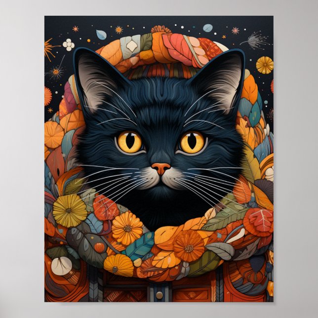 Poster Un chat noir dans un chandail floral (Devant)