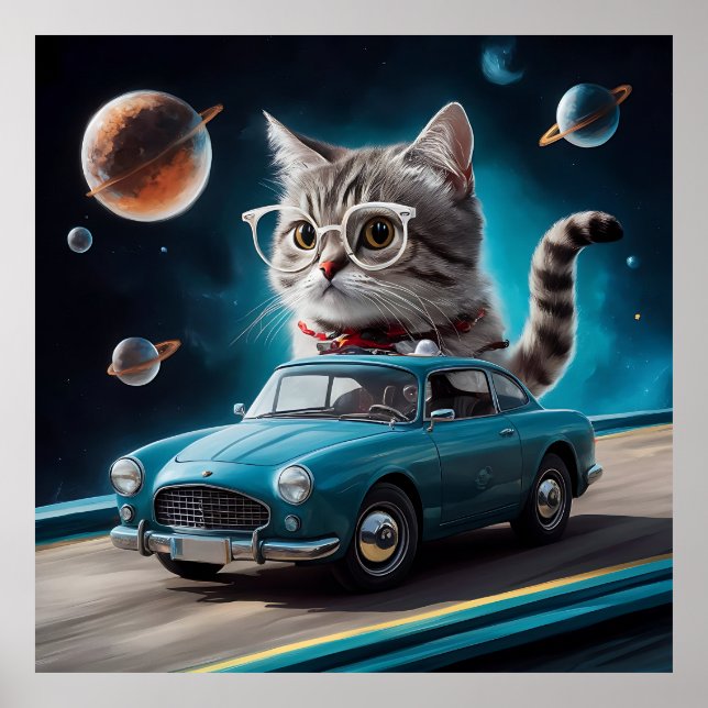 Poster Un chat portant des lunettes conduisant une voitur (Devant)