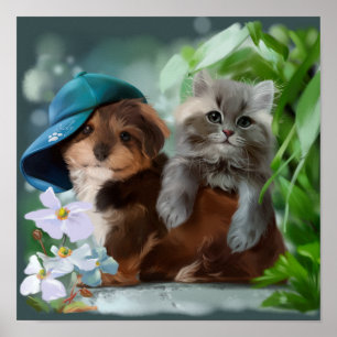 Poster Un chiot et un chaton gris