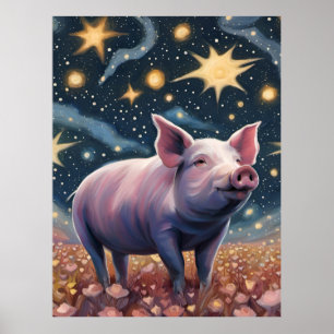 Poster Un cochon dans la nuit étoilée