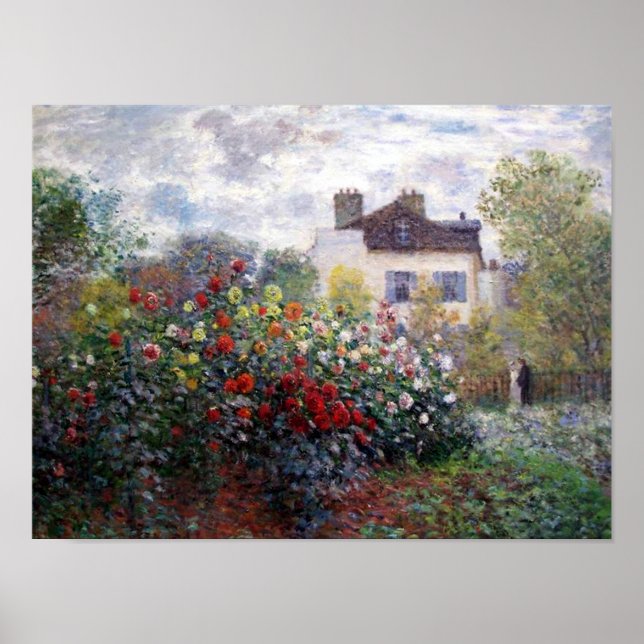 Poster Un coin du jardin avec Dahlias par Monet Imprimer (Devant)
