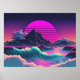 Poster Un coucher de soleil à vagues surplombant l'océan