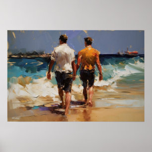 Poster Un couple gay marchant sur la plage