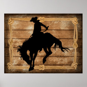 Poster Un cowboy Silhouette sur un cheval-bronco