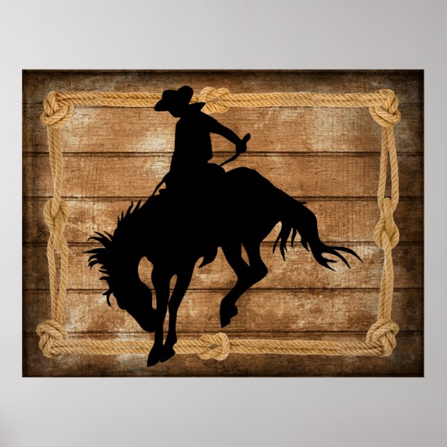 Poster Un cowboy Silhouette sur un cheval-bronco (Devant)