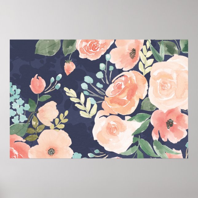 Poster Un délice florissant | Pêche et Roses bleus et pav (Devant)