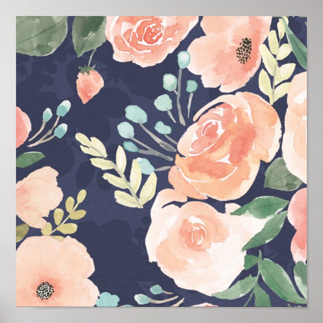 Poster Un délice florissant | Pêche et Roses bleus et pav (Devant)