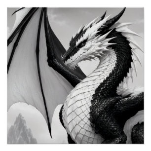 Poster Un design puissant de dragon noir et blanc mettant