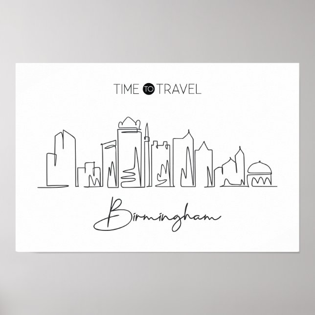 Poster Un Dessin De Ligne Continu De Birmingham Skyline (Devant)