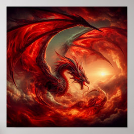 Poster Un dragon rouge à l'I.A. dans les nuages