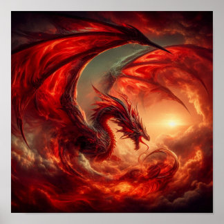 Poster Un dragon rouge à l'I.A. dans les nuages