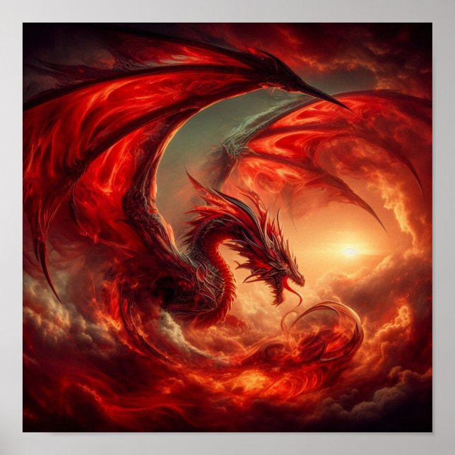 Poster Un dragon rouge à l'I.A. dans les nuages (Devant)