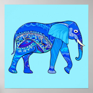 Poster Un éléphant indien dans un Motif bleu arabesque