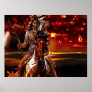 Poster Un guerrier indien à cheval dans l'incendie