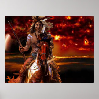 Poster Un guerrier indien à cheval dans l'incendie
