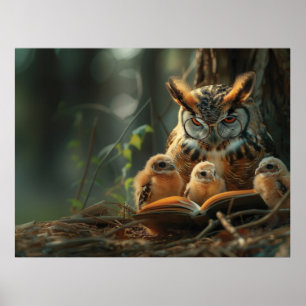 Poster Un hibou lisant un livre à des petits poussins