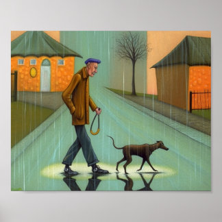 Poster Un Homme Marchant Un Chien Dans La Pluie