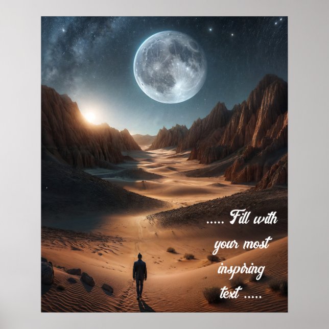 Poster Un homme marche un voyage solitaire sur des sables (Devant)